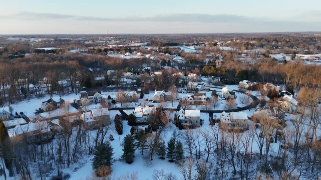 Aerial view of a single-family house community in Garnet Valley, Delaware county, suburb of Philadelphia, Pennsylvania after snow in winter
