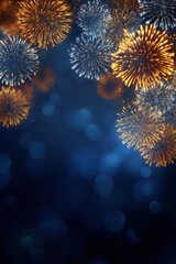 Festive Golden Fireworks Exploding Against a Dark Blue Blurred Background Celebratory Atmosphere Anniversary Celebration New Years Eve Fireworks Display