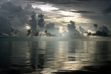 Dramatic Seascape with Ominous Clouds and Sun Rays Casting Down Over Rippling Water in Dark Blue and Gray Hues Reflecting Atmospheric Sky Scenery