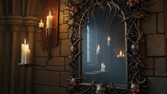 Gothic interior scene featuring mirror and candles