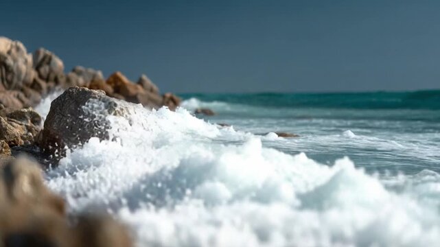 Seascape with Crashing Waves: Capture the raw power of nature as ocean waves relentlessly crash against the rugged shoreline. The image conveys the untamed beauty of the sea.