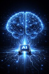 Artificial intelligence brain with glowing circuit connections above AI processor chip
