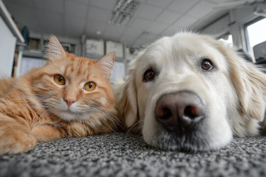 A cat and a dog take a selfie at a veterinary clinic. Pets
