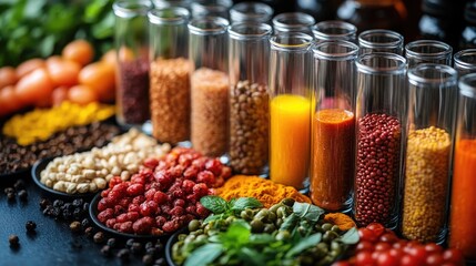 Various foods and test tubes representing food sensitivity and intolerance testing