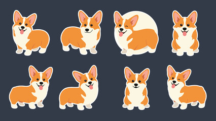 Fototapeta premium Cute corgi dog stickers featuring the pet in various poses including standing, sitting, walking, and winking with its tongue out.
