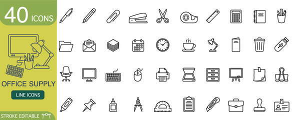 Professional office supply icon set featuring thin line outline symbols. Vector graphic collection perfect for an organized business, representing work and stationery items