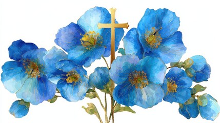 Floral Arrangement Featuring Blue Flowers and a Golden Cross Against White Background in Bright Light