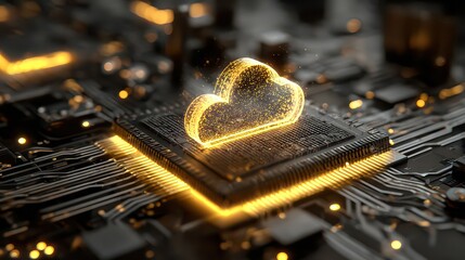 Glowing Cloud Computing Icon on a Black and Gold Circuit Board