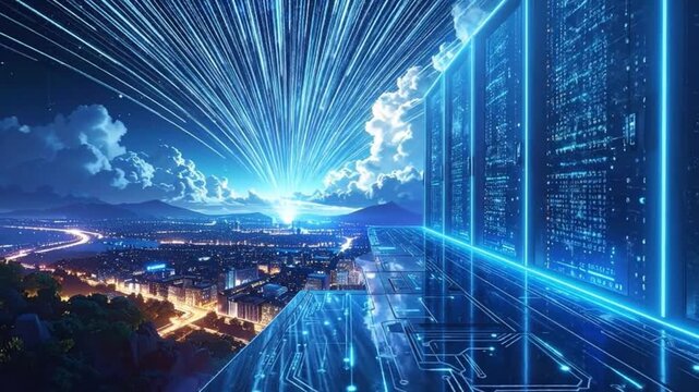 Futuristic server room overlooking a city at night, illuminated by neon lights.
