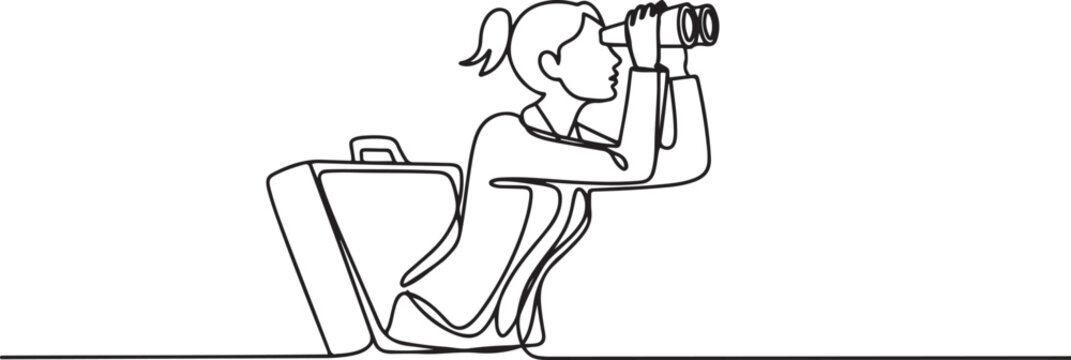 Single one line drawing businesswoman comes out of briefcase looks for something through binoculars. Prepare for business expansion by doing business trips. one line Icon drawing