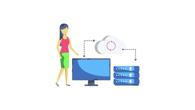 A woman stands beside a computer displaying a cloud icon, symbolizing cloud computing or online storage.