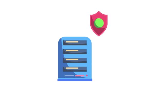 A server displaying a shield and a green shield, representing cybersecurity and data protection measures.