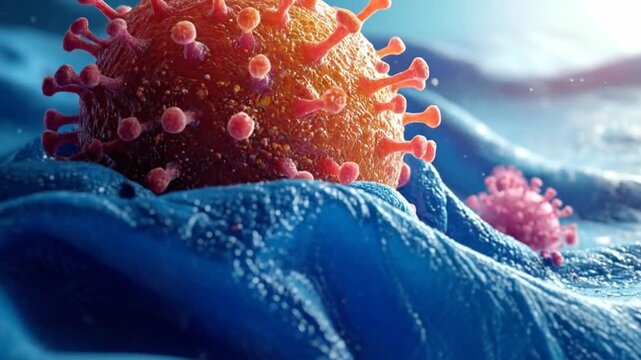 Microscopic view of virus cells with spiky projections on a blue background.