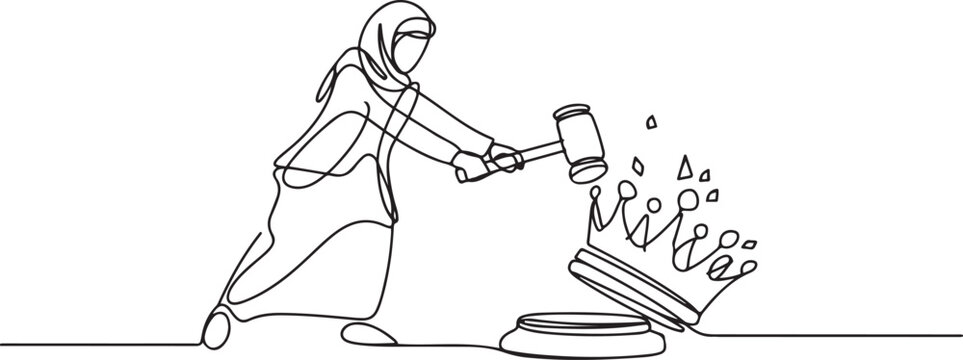 Single one line drawing Arabian businesswoman preparing to hit big crown. Destroying symbols of authoritarian kingdom. Expect justice for business people. one line Icon drawing