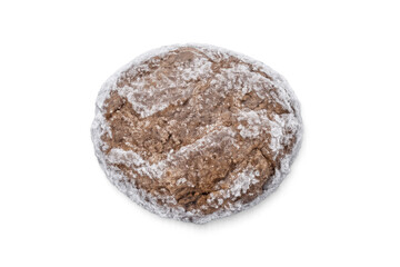 Rustic round loaf of bread covered in flour on gray background