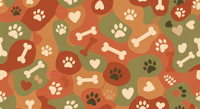 A colorful pattern of dog bones and paw prints on a vibrant background
