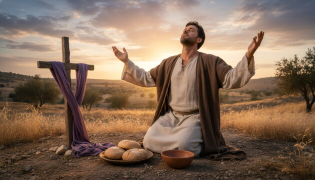 Man praying on his knees near a cross draped with purple cloth and bread, symbolizing faith and sacrifice for Easter.