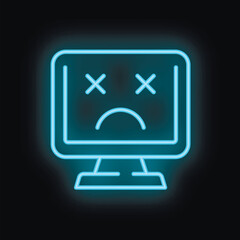 Obraz premium Neon blue icon of a broken computer showing a sad face on a black background