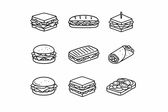 Illustrated collection of classic sandwiches and wraps in black and white