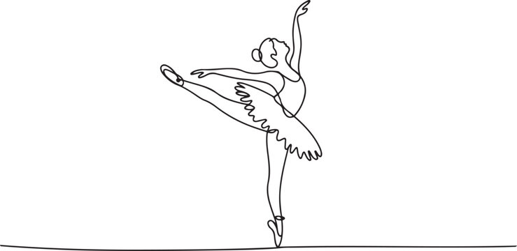 Single continuous line drawing pretty ballerina in ballet motion dance style. Beauty sexy dancer concept logo, Minimalist poster print art. one line Icon drawing