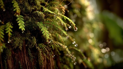 Lush Green Moss with Water Droplets Glistening Under Sunlight in a Forest on a Tree Trunk in a Blurred Background