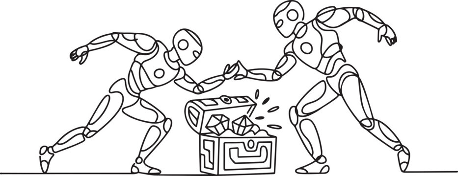 Single one line drawing two robots fight over an open treasure chest. Competition is fierce to find hidden treasures. Set to always win. Future technology. one line Icon drawing