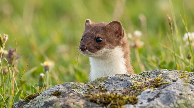 Cute Stoat or Short-tailed Weasel portrait looking over rock in green nature wildlife habitat