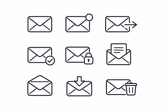 Mail icon set with notification, security, and deletion symbols