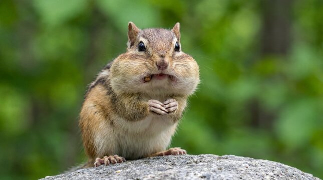 Funny Chipmunk stuffing food into mouth with big puffy cheeks sitting on rock in green nature forest