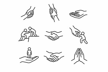 Line art illustrations of helping hands and supportive gestures