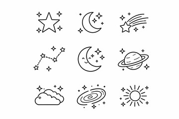 Celestial icons: stars, moon, constellations, and planets in minimalist line art