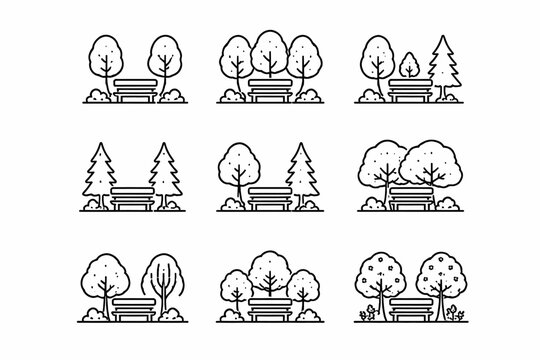 Various bench and tree landscapes in black and white line art illustrations