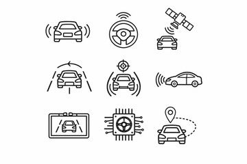 Autonomous driving technology icons featuring gps, sensors, and ai systems