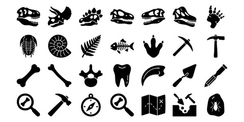 Collection of Archaeological Icons Representing Fossils and Excavation Tools Displayed in a Grid © Dhani