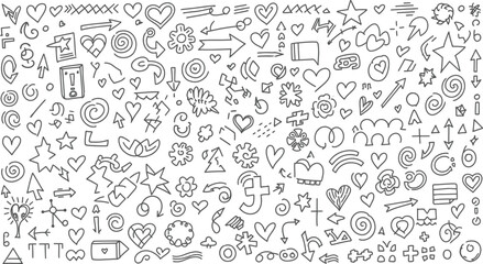 A collection of various doodle icons and symbols