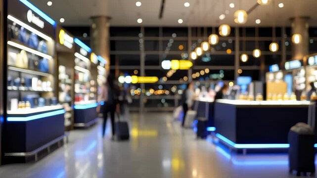 Passengers Walking and Shopping in a Modern Airport Duty-Free Shop