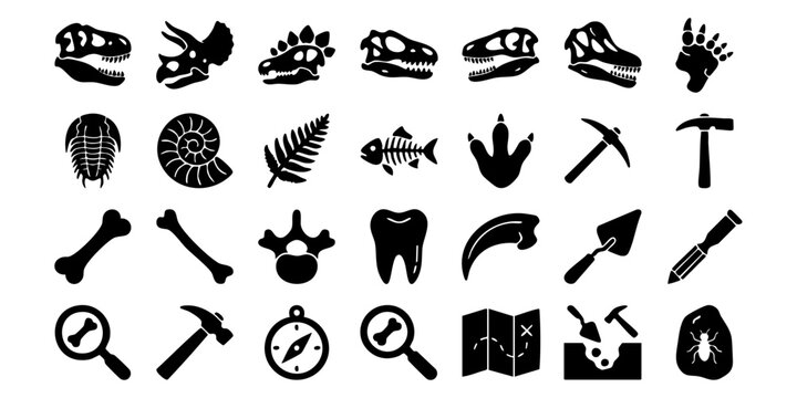 Collection of Archaeological Icons Representing Fossils and Excavation Tools Displayed in a Grid