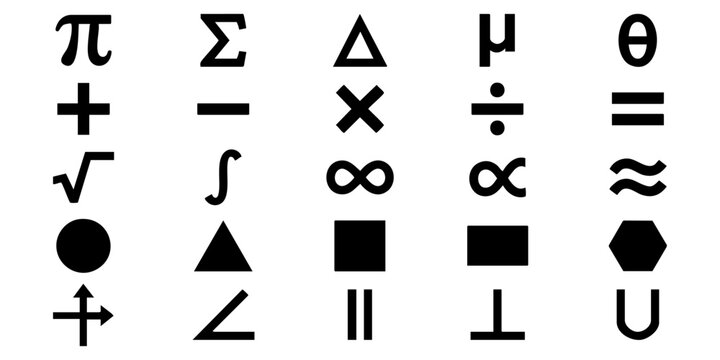 Mathematical symbols and geometric shapes displayed on a clean white background from a straightforward viewpoint