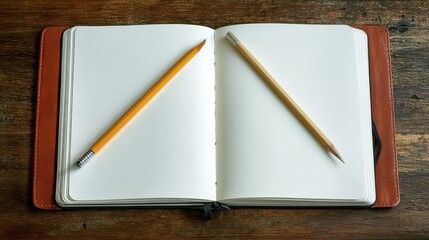 Open Blank Notebook with Yellow Pencils on Rustic Brown Wooden Surface Minimalist Stationery Scene in Natural Light Ideal for Creative Projects