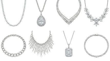 Diamond necklace set including tennis, pendant, choker, and bib styles isolated. Luxury jewelry and bridal accessory collection.