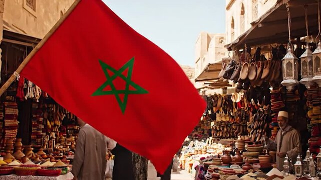 Moroccan flag waving proudly in a bustling souk with traditional goods and people.