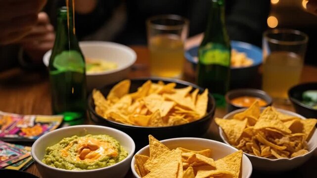 People reaching for tortilla chips and dips at a table