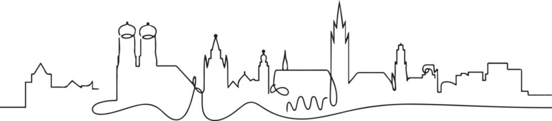 Naklejka premium Single continuous line drawing of Munich city skyline. Famous Munchen city skyscraper landscape in world. World travel wall decor poster print concept. one line Icon drawing