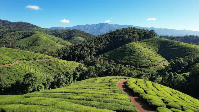 Scenic tea plantation landscape with lush greenery. Rolling hills showcase vibrant tea fields under bright blue sky. Nature's beauty captivates with serene atmosphere.