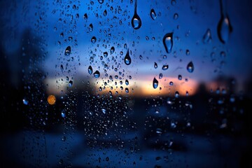 Raindrops on Windowpane at Dusk with Dark Blue Hues and Blurred Outdoor View Featuring Warm Yellow and Orange Light Creating a Tranquil Atmospheric Image