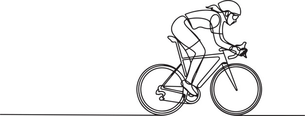 Fototapeta premium One single line drawing young energetic woman bicycle racer focus train her speed vector graphic illustration. Racing cyclist concept. one line Icon drawing