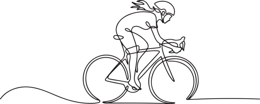 One single line drawing young energetic woman bicycle racer focus train her speed vector graphic illustration. Racing cyclist concept. one line Icon drawing