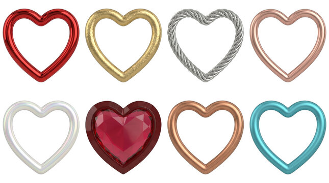 Heart shape jewelry set including metallic gold, silver, rose gold, ruby, and teal rings isolated. Decorative 3d render collection for valentines day and wedding design.