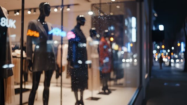Mannequins Displaying Clothes in Store Window at Night on City Street