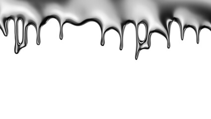 Dripping chrome liquid metal banner background 3D Rendering. Melted metallic silver liquid drops 3D element isolated